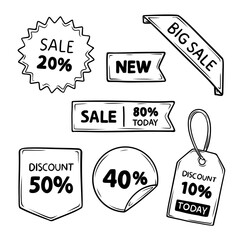 sale discount tag label set collection with line art hand drawn illustration