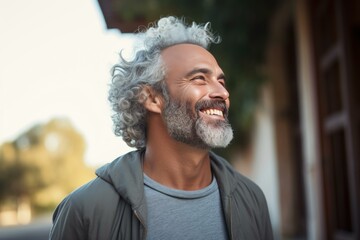 Portrait of a happy mature man with gray curly hair and beard smiling and looking away, enjoying a sunny day outdoors