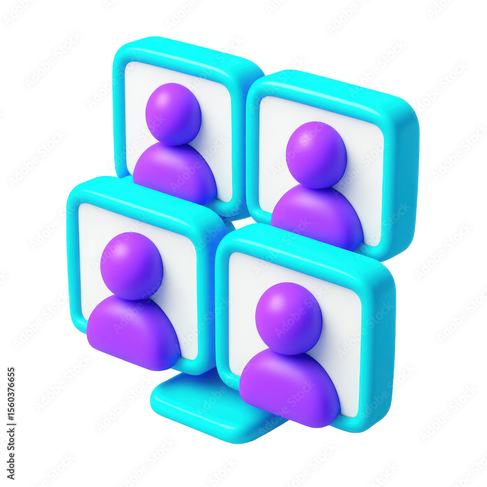 Poster 3d icon design featuring colorful computer screens with stylized user icons symbolizing digital communication and virtual interaction in a modern setting