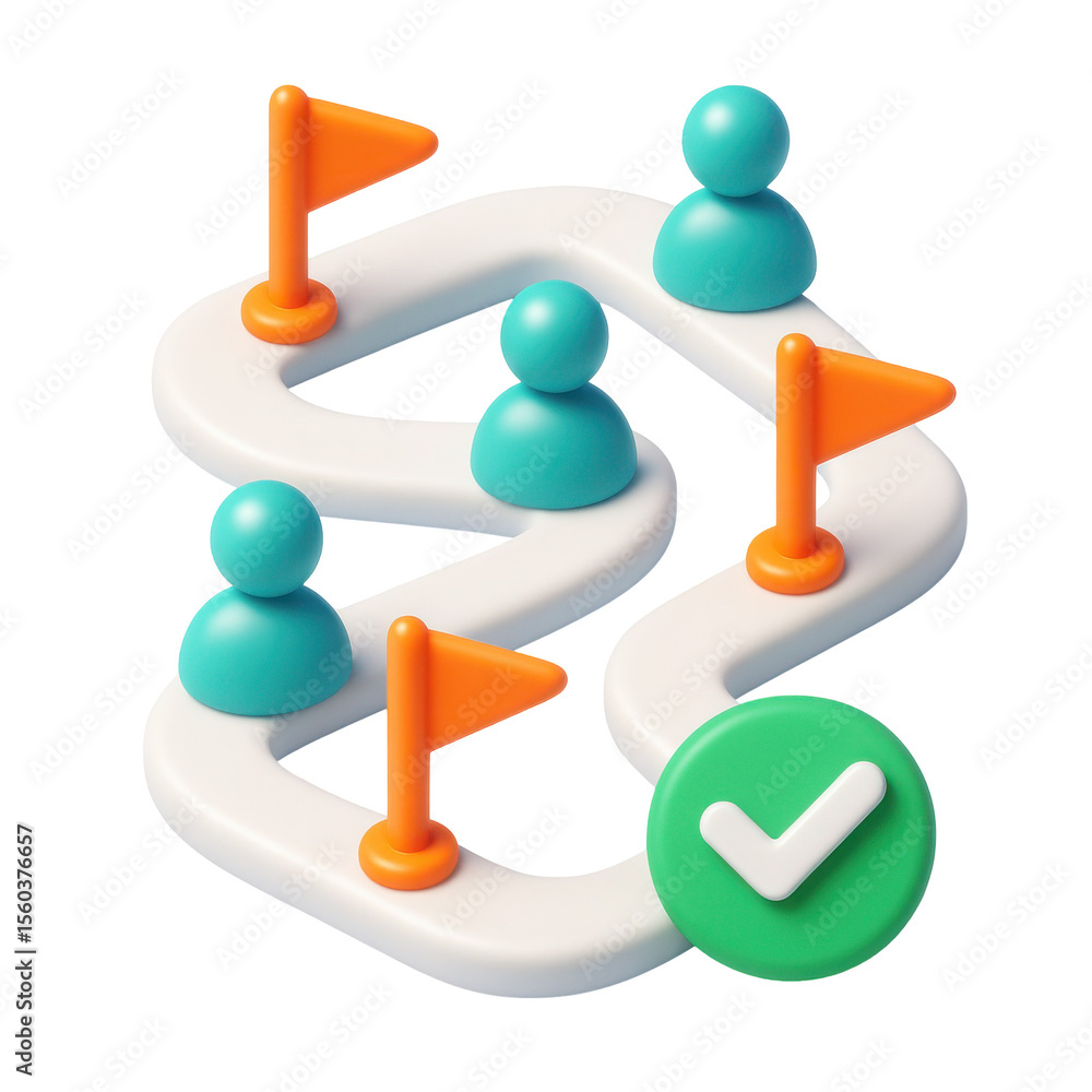 Poster 3d icon design in plastic style featuring a winding path with flags and figures representing achieve
