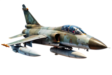 Camouflaged military jet with missiles under wings isolated on white isolated on a transparent background