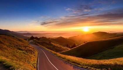sunrise journey a winding road disappears into a vibrant sunrise over rolling hills symbolizing a path towards new beginnings and endless possibilities