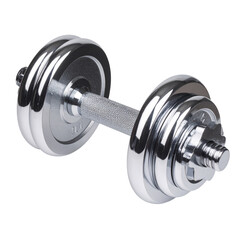 Fototapeta premium Shiny chrome dumbbell with textured grip, isolated on transparent background PNG