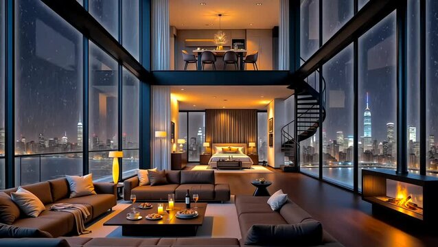 A cozy two-story loft apartment with a spiral staircase and a warm fireplace, providing a perfect urban retreat with a beautiful view of a snowy city at night.
