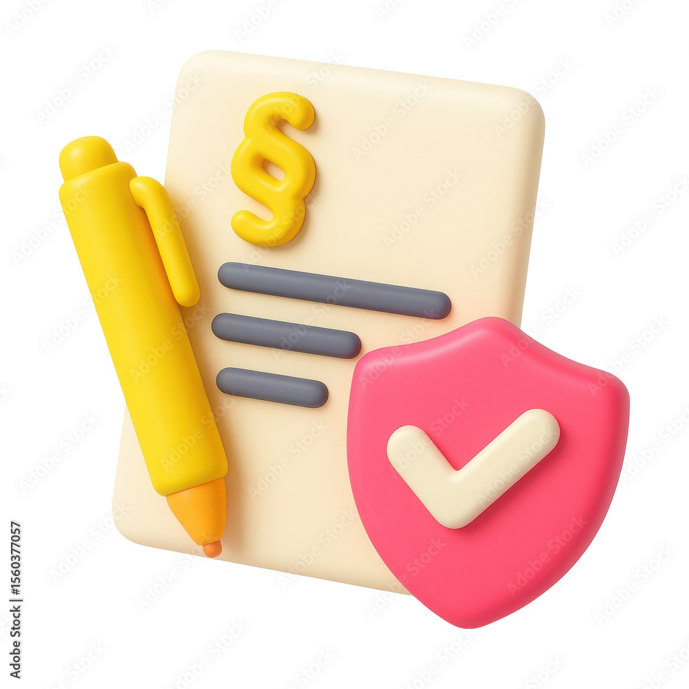 Poster 3d icon of a document with a pen and shield symbolizing security and legal compliance in a vibrant p