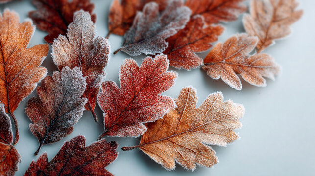 Close up of frost covered autumn leaves on a light blue background