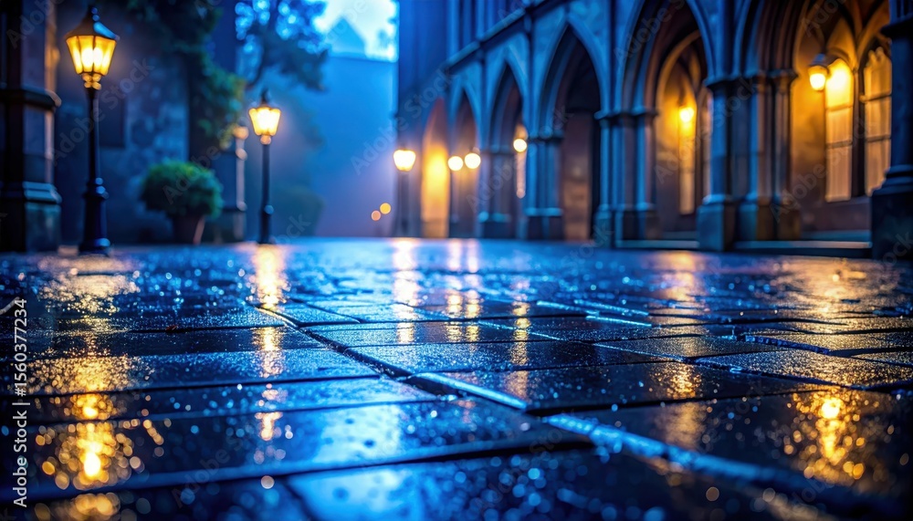 Poster dewy courtyard at twilight with gothic architecture and lanterns