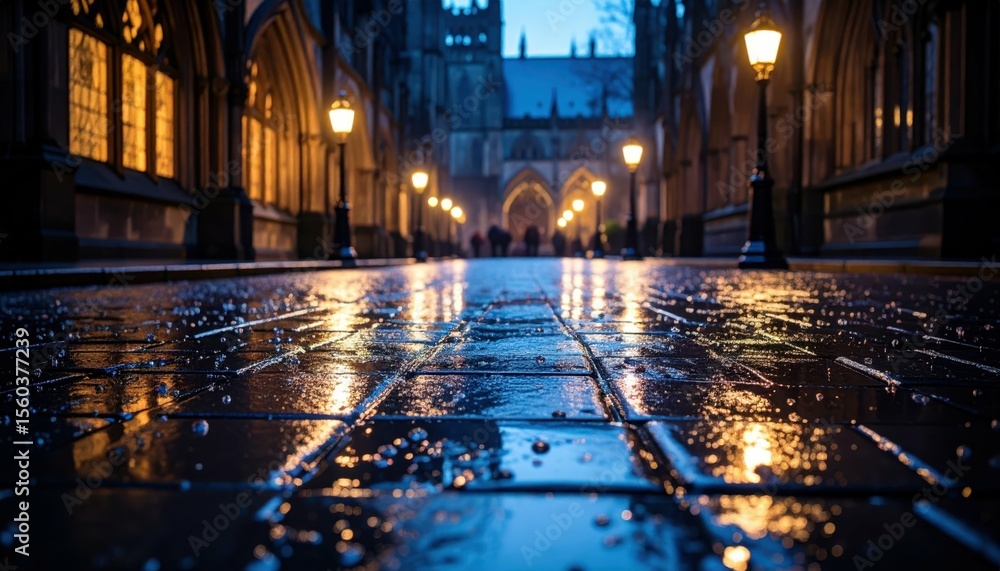 Poster dew-covered gothic courtyard at twilight with splashes on the path