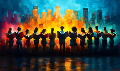 Vivid oil painting of a choir singing before a stylized cityscape reflected in water