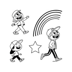  Three Cartoon Characters with Caps Around Rainbow and Star – Playful Kids Illustration