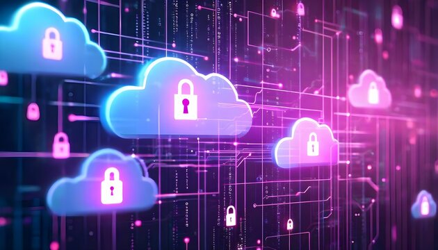 Digital illustration of cloud computing with secure data protection and network connections.