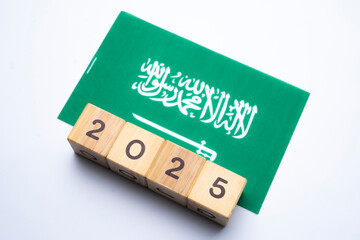 2025, Saudi Arabia flag with date block, Concept, Important events for Saudi Arabia the new year, election, economy, social activities, central bank, Saudi Arabia foreign policy