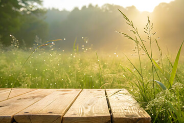 Magical Forest Morning with Wooden Table and Light Particles