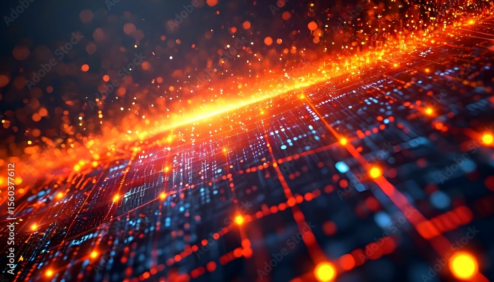 Poster abstract digital grid with glowing orange light streak and scattered particles, suggesting technolog