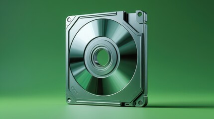 Shiny metallic hard drive unit centered on a green background representing data storage and information technology