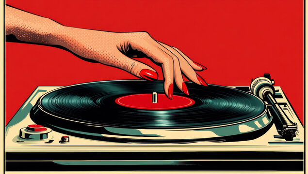 Female disc jockey wearing red nails, spinning vinyl record on turntable against vibrant red backdrop in pop art style