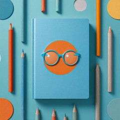 Teal notebook with glasses on orange circle
