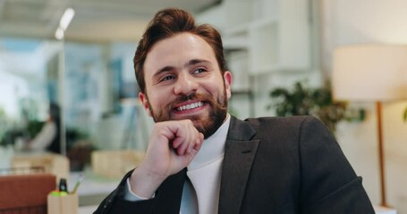 Business, thinking and man in office, smile and contemplation with wonder, options and choice. Happy person, employee and consultant in workplace, decision and thoughtful with opportunity or ideas