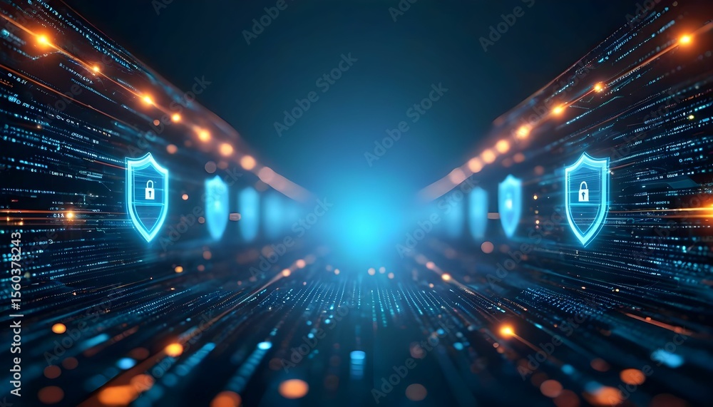 Poster cybersecurity protection: digital shields guard data streams in a futuristic network tunnel.