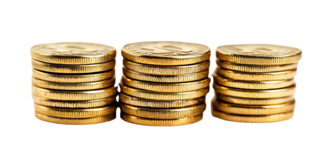 Three stacks gold coins money wealth finance investment savings isolated on white transparent background