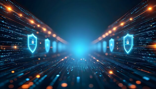 Cybersecurity protection:  Digital shields guard data streams in a futuristic network tunnel.