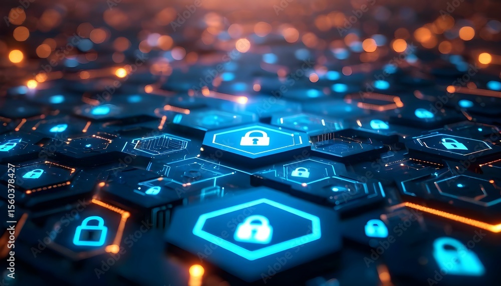 Aufkleber abstract digital illustration featuring glowing hexagonal shapes with security lock icons, represent