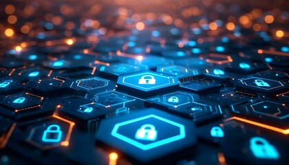 Abstract digital illustration featuring glowing hexagonal shapes with security lock icons, representing data protection.