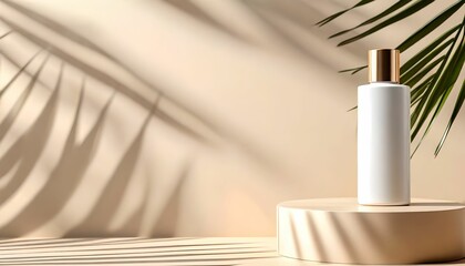 Beige backdrop with palm leaf shadows, showcasing a white cosmetic bottle on a pedestal.