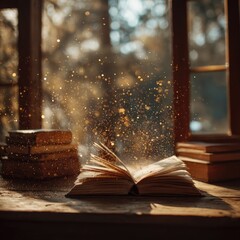 Open book, golden particles, window