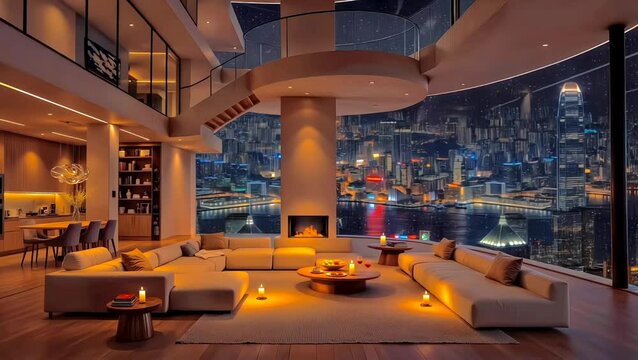 A cozy and modern duplex penthouse with a central fireplace and a spiral staircase, offering a warm, safe retreat with a view of a rainy city at night.