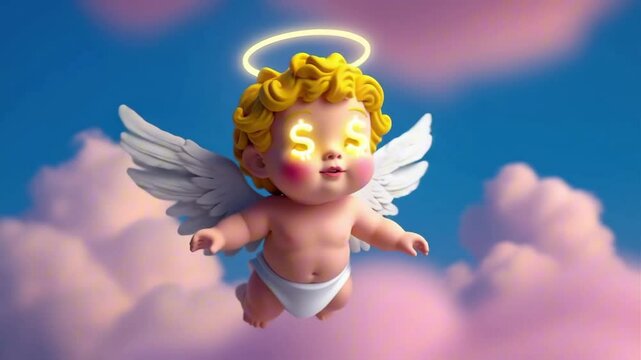 A 3d angel cherub with a halo and $ sign eyes in a cloudy blue sky