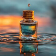 A perfume bottle at sunset