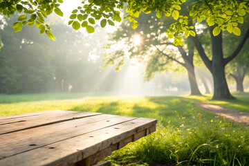 Wooden Tabletop in Front of Curved Path Through Sunlit Green Forest