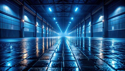 Obraz premium Midnight Neon Reflection in a Slick Warehouse with Cobblestones