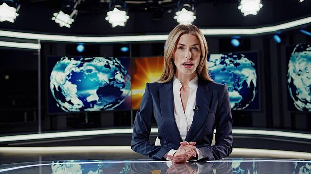 Seamless Loop video of Professional news anchor in blue suit reading live broadcast news in studio,Generative AI
