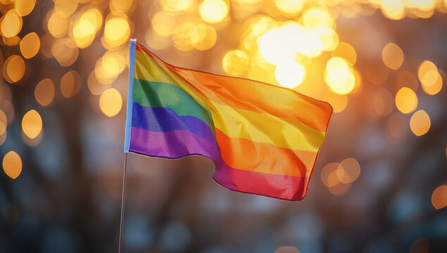 Rainbow flag fluttering, casting colorful pride against soft golden glimmering backdrop