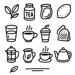 Tea, Nature, and Peace Doodle Icons – Hand Drawn with Marker on Transparent Background