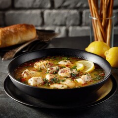 Hearty fish soup in a bowl