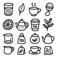 Tea, Nature, and Peace Doodle Icons – Hand Drawn with Marker on Transparent Background