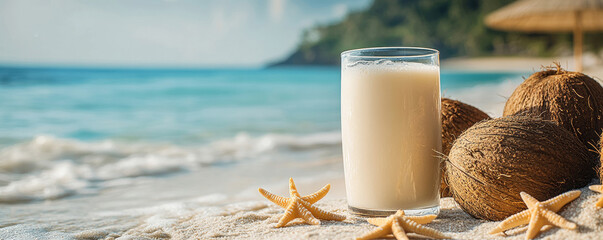 Tropical coconut cocktail resting near starfish on pristine white sand beach, palm trees silhouetted against golden sunset