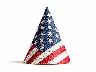 Obraz premium Realistic Cone Party Hat with Stars and Stripes Pattern - Paper Texture Glitter Decor, Isolated on White 300DPI