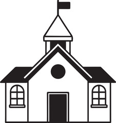 Simple Schoolhouse Drawing with Bell Tower, Windows, and Flag on Roof