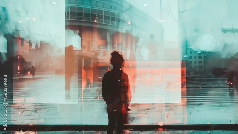 Poster a person stands in front of a transparent glass wall with a calm expression