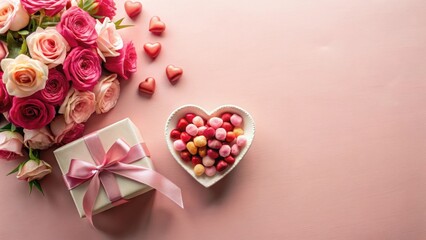 Romantic Pink Celebration A Bouquet of Roses, Gift, and Sweet Treats in a Heart-Shaped Dish