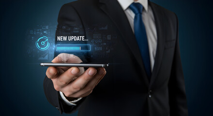 Modern technology in hand: A smartphone screen shows a vital 'New Update' loading bar with intricate digital graphics.