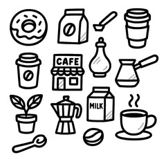 Coffee and Tea Icons in Marker Style – Hand Drawn Beverage Sketch Set with Transparent Background