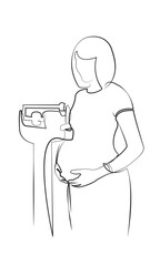 One continuous line drawing on white isolated background. Minimalism linear illustration. pregnant, woman, mother, weight, people, adult, lifestyle, weight scale, healthy lifestyle