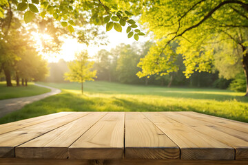 Empty Wooden Table with Sunny Forest Path and Green Trees in Background