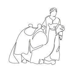 One continuous single drawing line art flat doodle camel, animal, sand, adult, bedouin people, desert area, turban. Isolated image hand draw contour on a white background, hand drawn, not AI