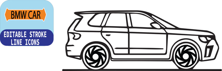 Car Line Art Vector Illustration with Editable Stroke - car icon, car line art, vehicle, vector, illustration.